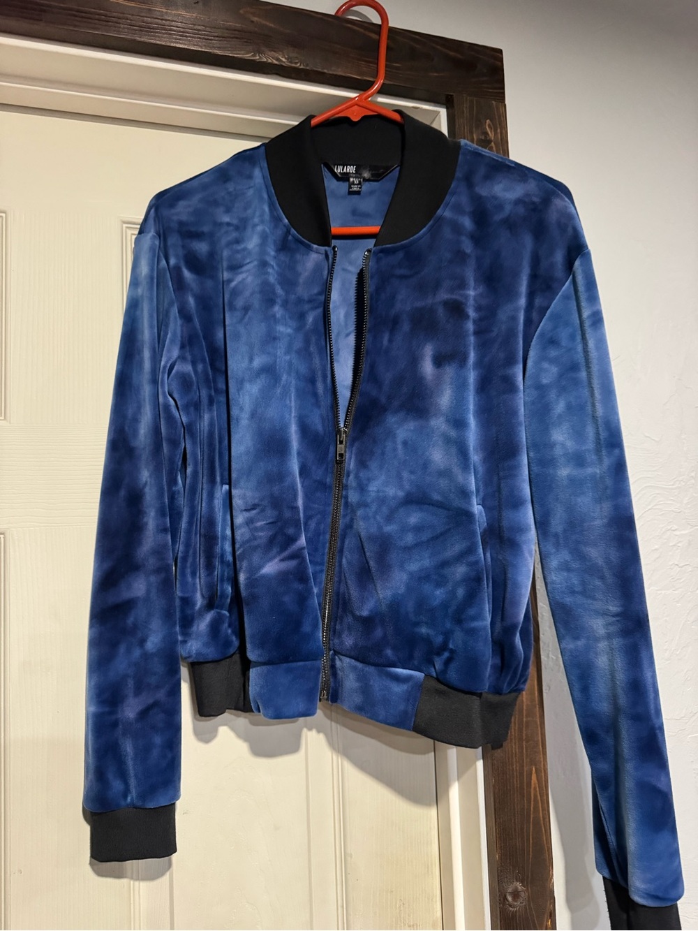 LuLaRoe Blue Velvet Bomber Jacket with Black Trim